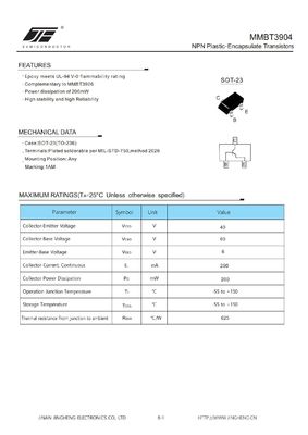MMBT3904 200mW NPN Transistors encapsulés en plastique sans lumière et avec un paquet SOT-23